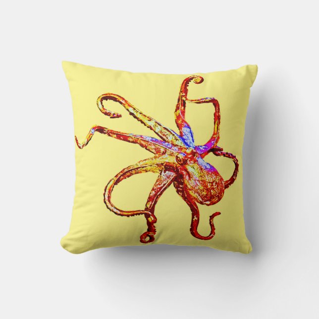 Octopus red yellow throw pillow (Front)