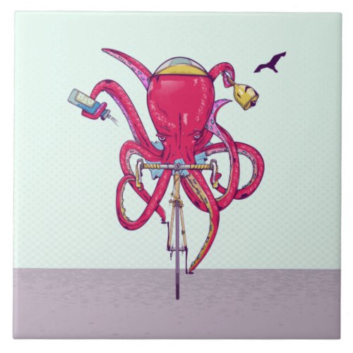 Octopus Riding a bike Ceramic Tile