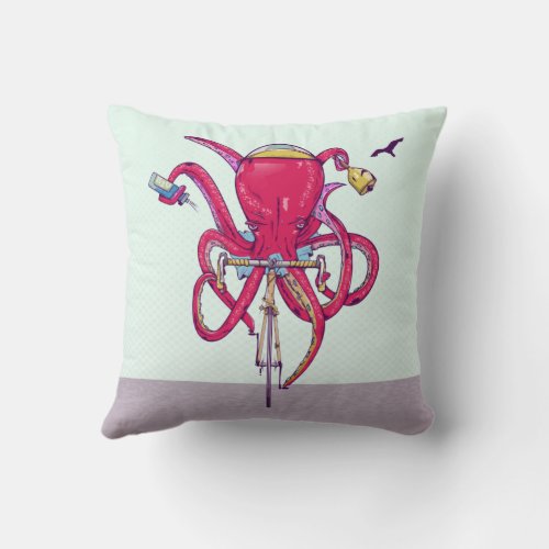 Octopus Riding a bike Throw Pillow