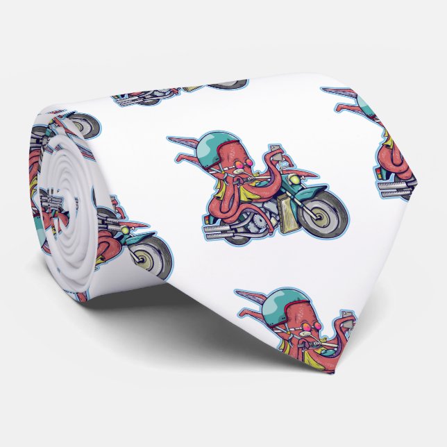 Octopus Riding a Motorcycle Neck Tie (Rolled)