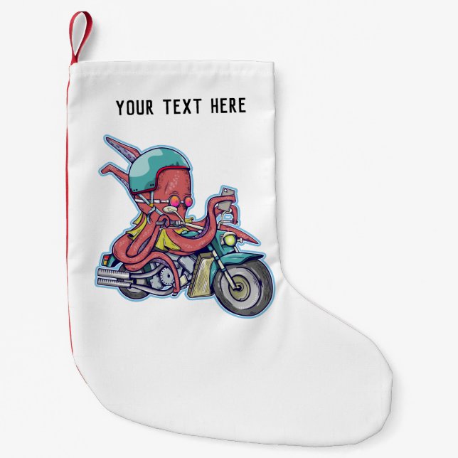 Octopus riding a motorcycle small christmas stocking (Front)