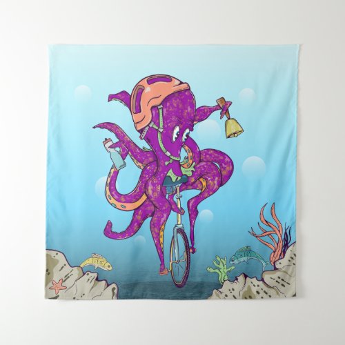 Octopus Riding a unicycle Tapestry