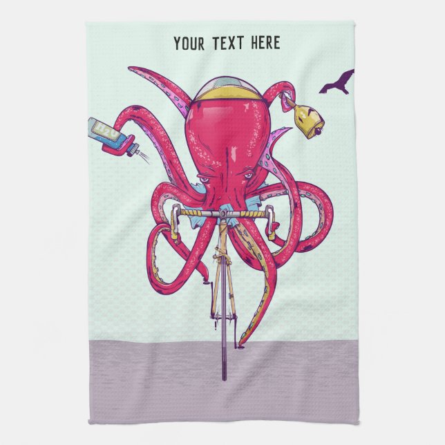Octopus riding road bike kitchen towel (Vertical)