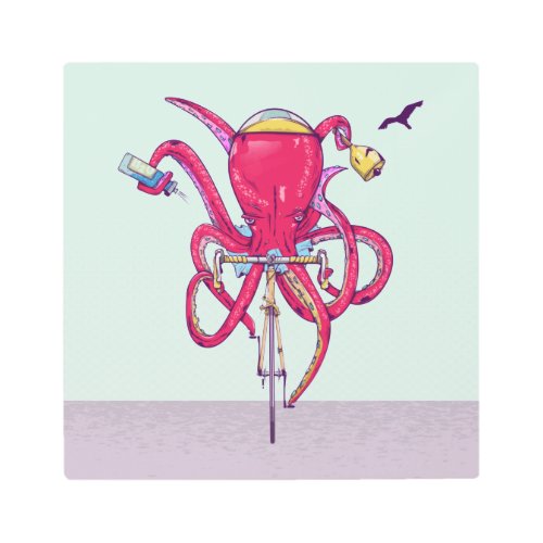 Octopus riding road bike metal print