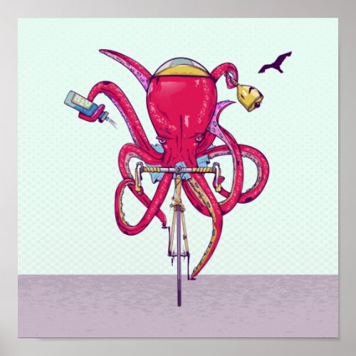 Octopus riding road bike poster