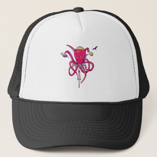 Octopus riding road bike trucker hat