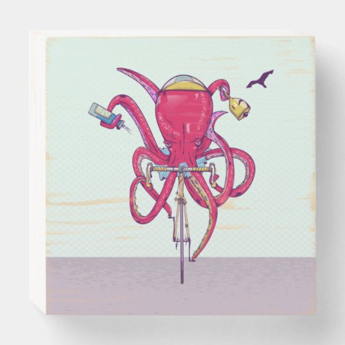 Octopus riding road bike wooden box sign