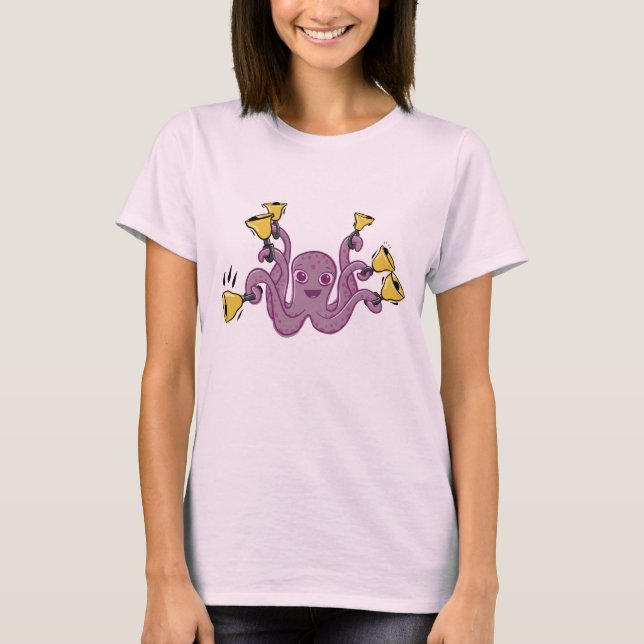 Octopus Ringing Handbells Cartoon T-Shirt (Front)