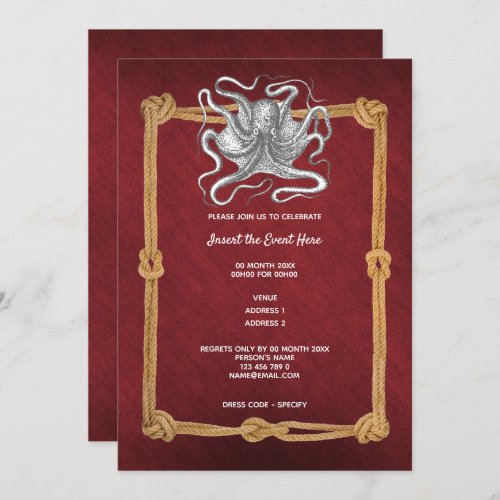 Octopus rope frame Burgundy maroon red nautical Invitation