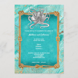 Octopus rope frame ocean blue gold nautical invitation