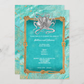 Octopus rope frame ocean blue gold nautical invitation (Front/Back)