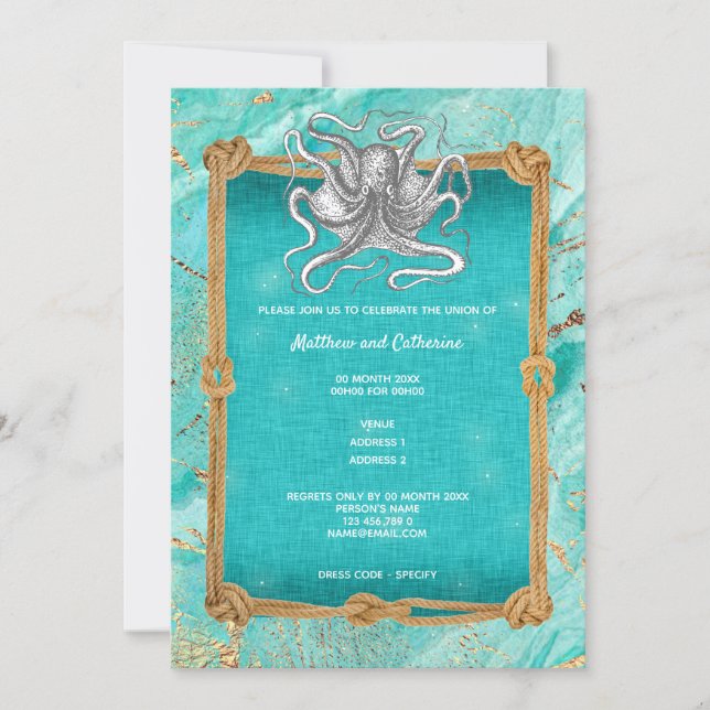 Octopus rope frame ocean blue gold nautical invitation (Front)