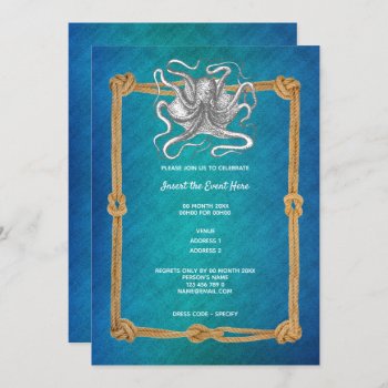 Octopus Rope Frame Ocean Sea Blue Nautical Invitation by mensgifts at Zazzle