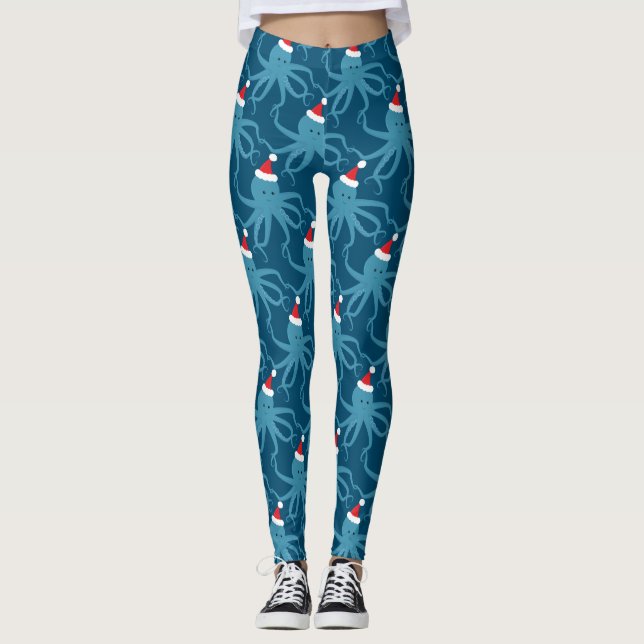 Octopus Santa Hat Blue Christmas Leggings (Front)