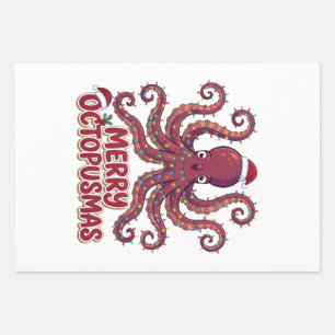 Octopus Santa Hat Christmas Lights Octopusmas Wrapping Paper Sheets