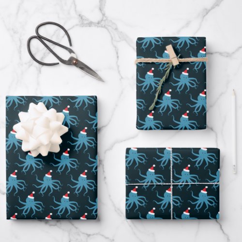 Octopus Santa Hat Dark Blue Animal Christmas Wrapping Paper Sheets