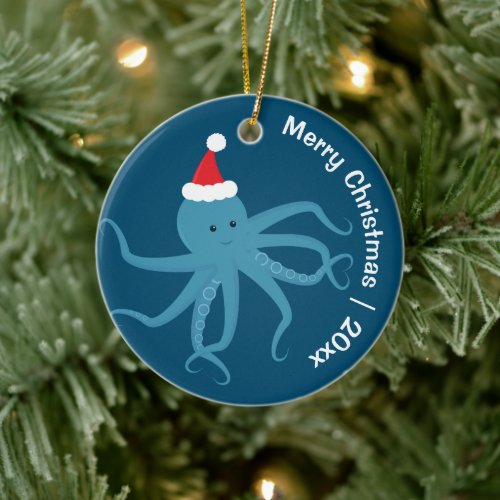 Octopus Santa Merry Christmas Ceramic Ornament