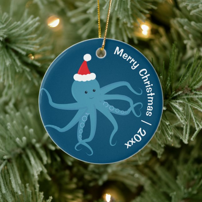 Octopus Santa Merry Christmas Ceramic Ornament (Tree)