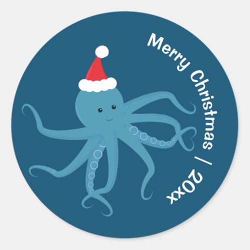 Octopus Santa Merry Christmas Classic Round Sticker