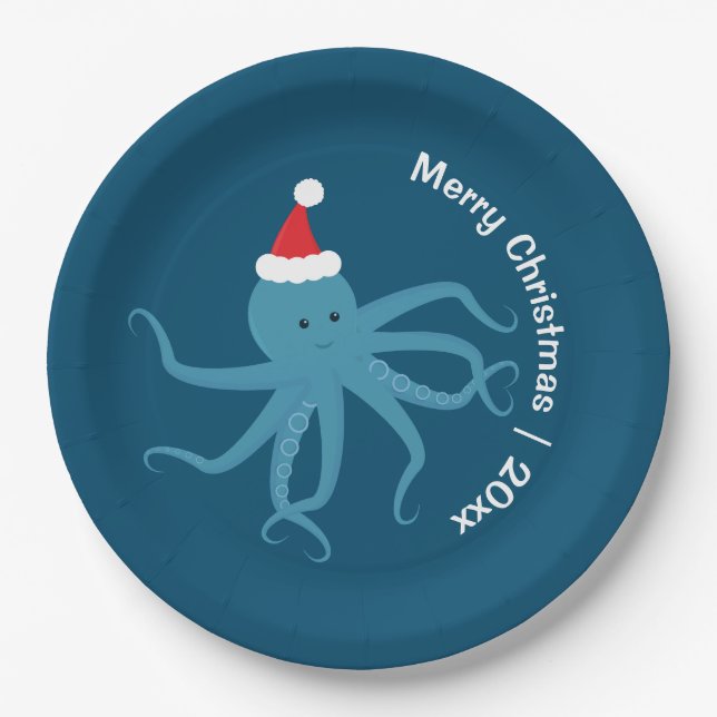 Octopus Santa Merry Christmas Paper Plates (Front)
