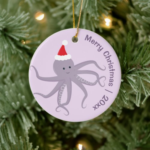 Octopus Santa Purple Merry Christmas Ceramic Ornament