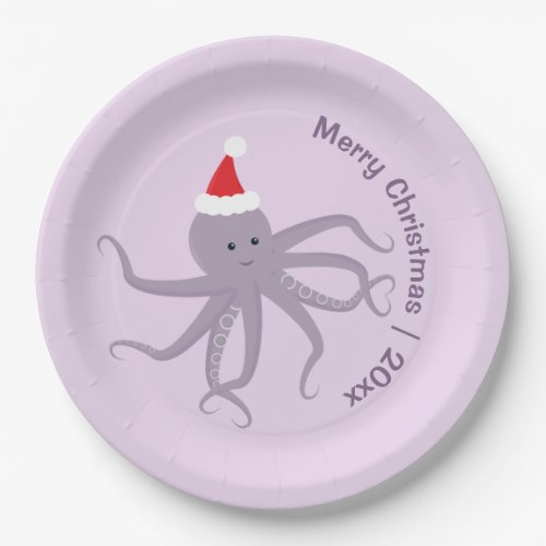 Octopus Santa Purple Merry Christmas Paper Plate