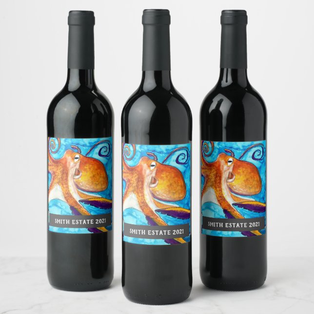 Octopus sea creature watercolor art wine label (Bottles)