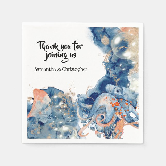 Octopus sea creatures navy blue orange marine life napkins (Front)