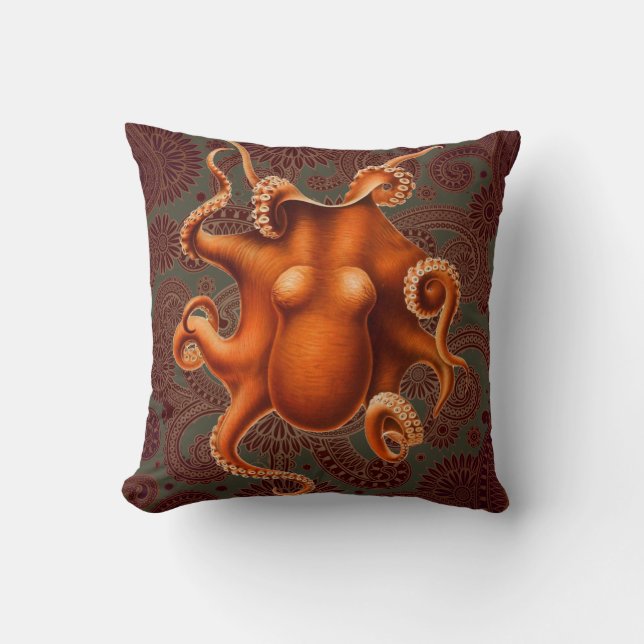 Octopus Sea Monster Creature Cephalapod Vintage Throw Pillow (Front)