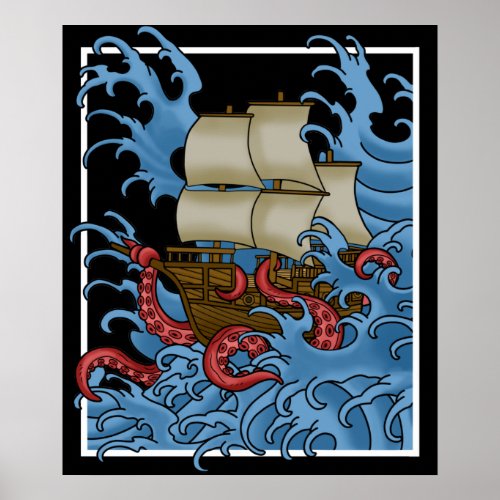 Octopus Sea Monster Kraken Gifts Pirate Ship Poster