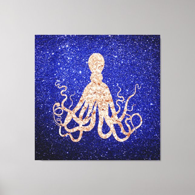 Octopus Sea Ocean Rose Gold Cobalt Blue Glitter Canvas Print (Front)