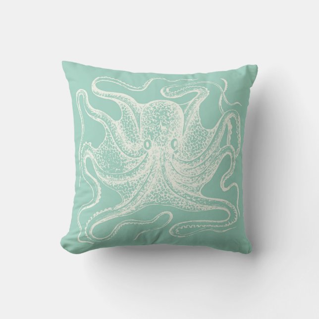 Octopus  Seafoam Green Teal Nautical  Throw Pillow (Front)