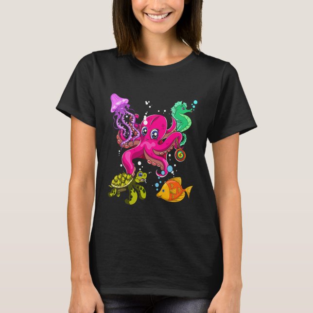 Octopus Seahorse Turtle Jellyfish Squad Cute Anima T-Shirt (Front)