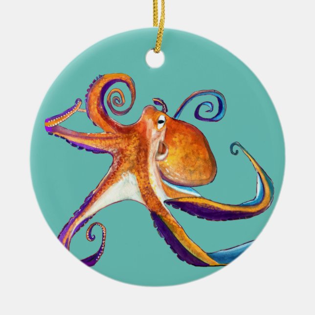Octopus sealife watercolor art ceramic ornament (Front)
