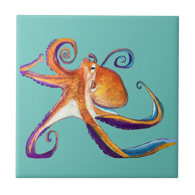 Octopus sealife watercolor art ceramic tile (Front)