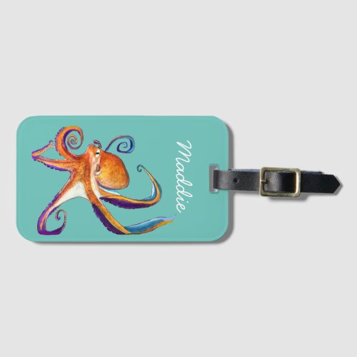 Octopus sealife watercolor art luggage tag