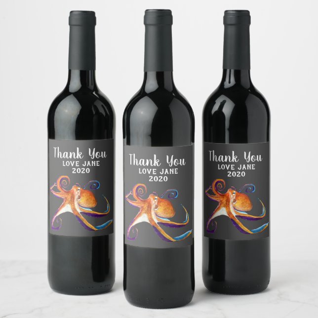 Octopus sealife watercolor art wine label (Bottles)