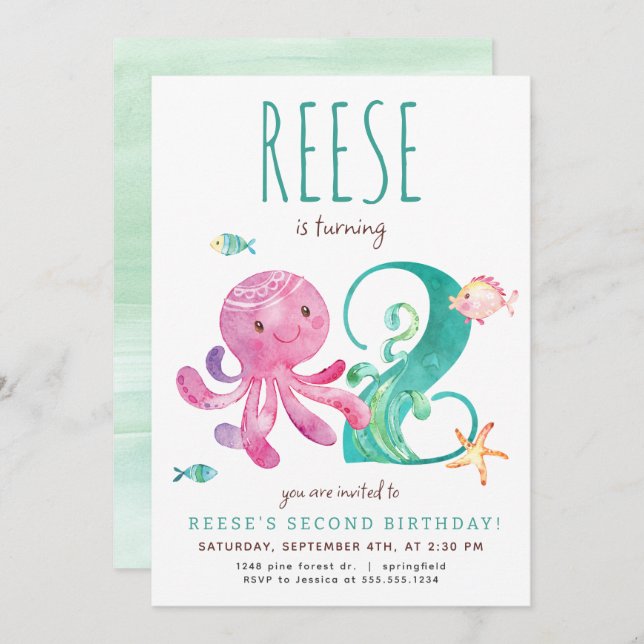 Octopus Second Birthday Invitation (Front/Back)