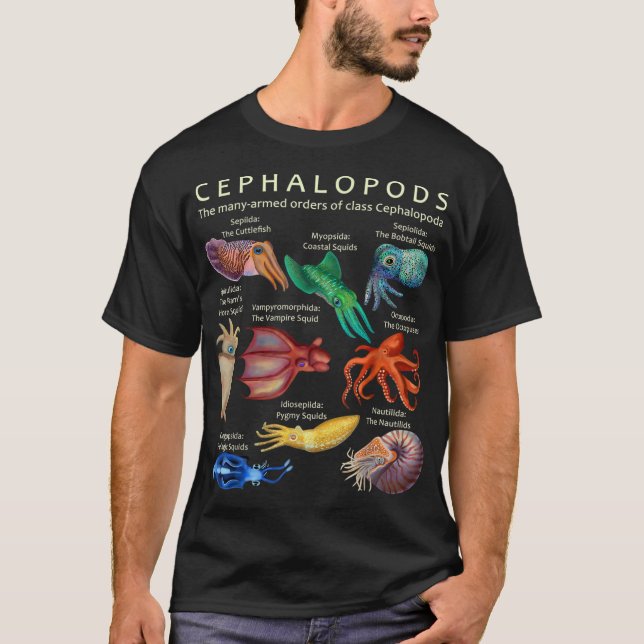 Octopus, Squid, Cuttlefish, and Nautilus T-Shirt (Front)