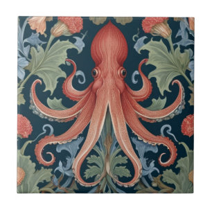 Octopus Squid William Morris style Sea Ocean Life Ceramic Tile