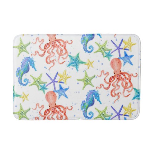 Octopus Starfish Seahorse Watercolor Beach Ocean Bathroom Mat