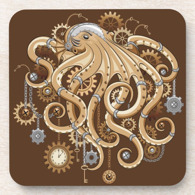 Octopus Steampunk Retro Mechanical Fantasy Beverage Coaster (Front)