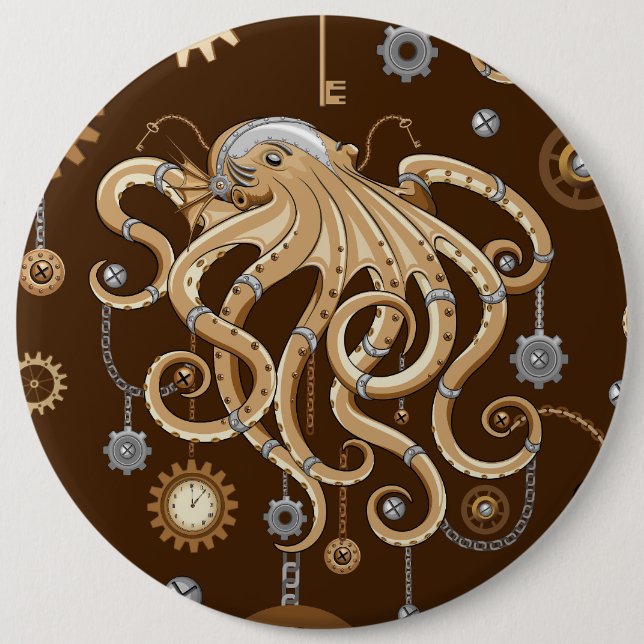 Octopus Steampunk Retro Mechanical Fantasy Button (Front)