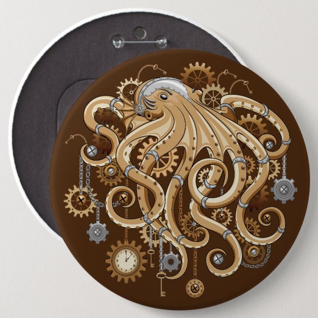 Octopus Steampunk Retro Mechanical Fantasy Button (Front & Back)