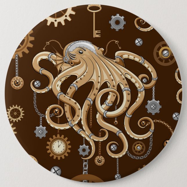 Octopus Steampunk Retro Mechanical Fantasy Button (Front)
