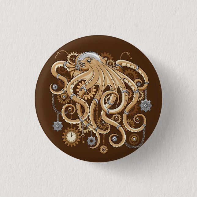 Octopus Steampunk Retro Mechanical Fantasy Button (Front)