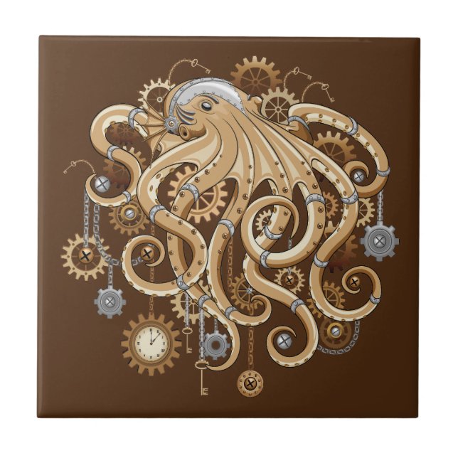 Octopus Steampunk Retro Mechanical Fantasy Ceramic Tile (Front)