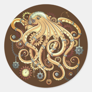 Octopus Steampunk Retro Mechanical Fantasy Classic Round Sticker