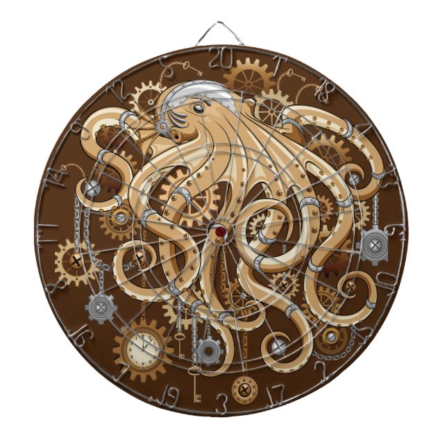 Octopus Steampunk Retro Mechanical Fantasy Dart Board (Front)