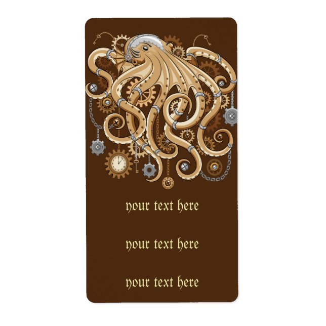 Octopus Steampunk Retro Mechanical Fantasy Label (Front)